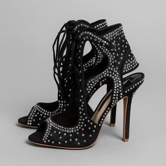 Sophia Webster Satin Crystal Embellished Lace-Up Black Strappy Heels Size 7 / 37 - Picture 1 of 14